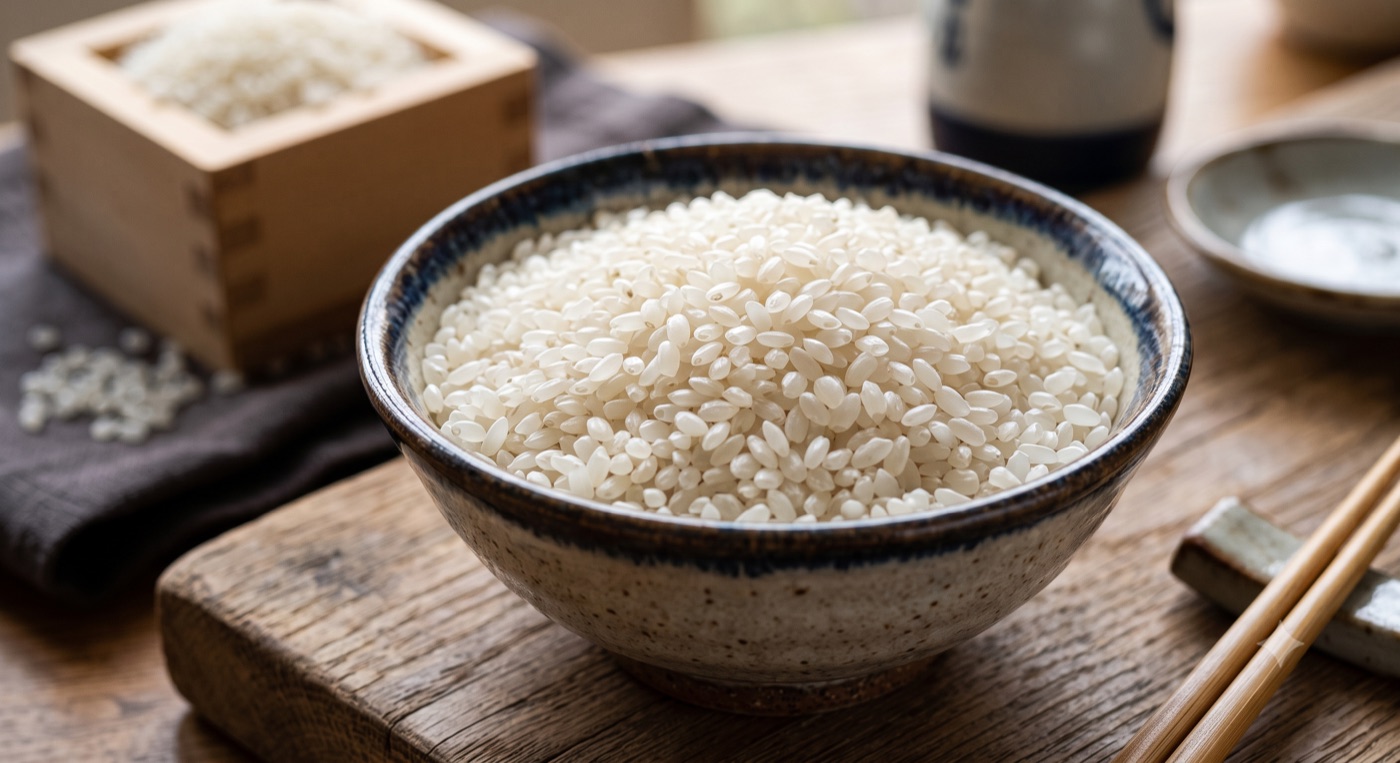 Short-grain japonica rice in a traditional bowl
